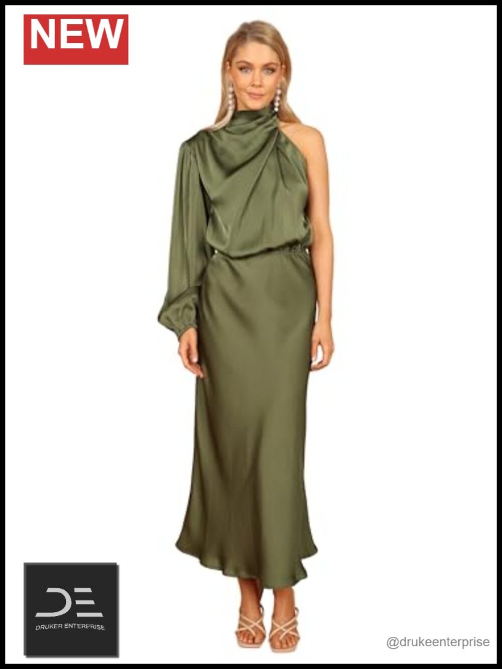 One Shoulder Midi Dress Asymmetric Neck Long Sleeve Cocktail
